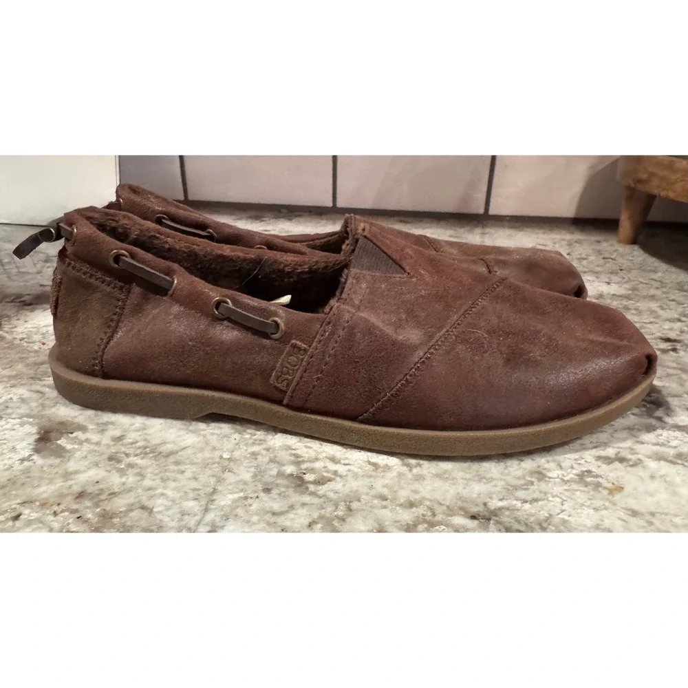 Skechers BOBS Brown Leather Faux Fur Lined Memory Foam Loafers Womens 9.5 - Picture 3 of 10
